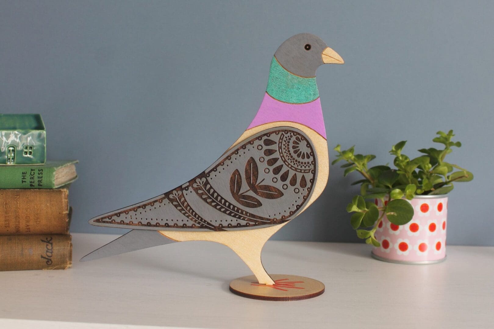 Standing Wooden Pigeon Decoration Ornament - Etched and Hand Painted - Image 3