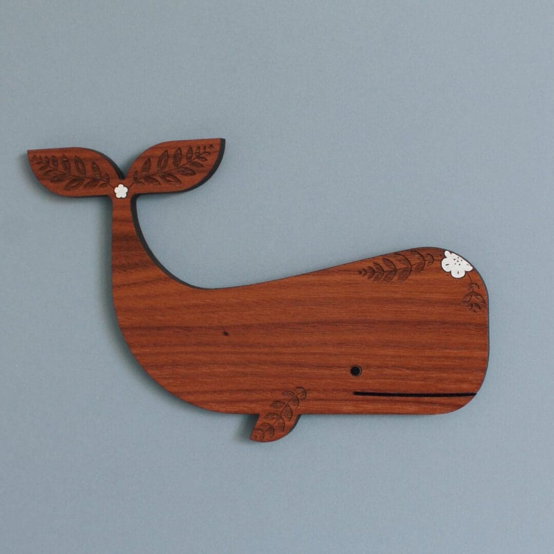 Walnut Whale Wall Hanging with Floral Detail - Image 4