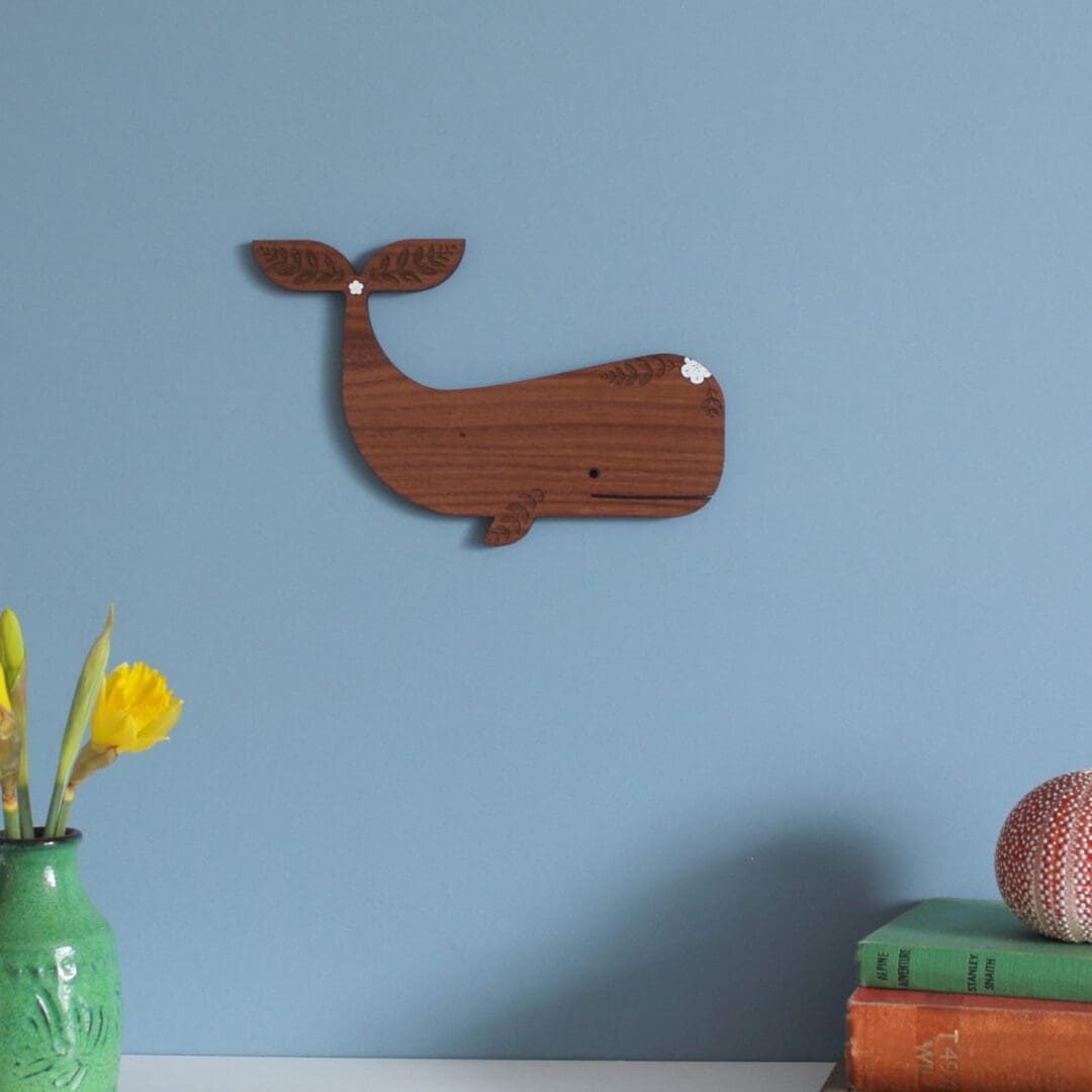 Walnut Whale Wall Hanging with Floral Detail