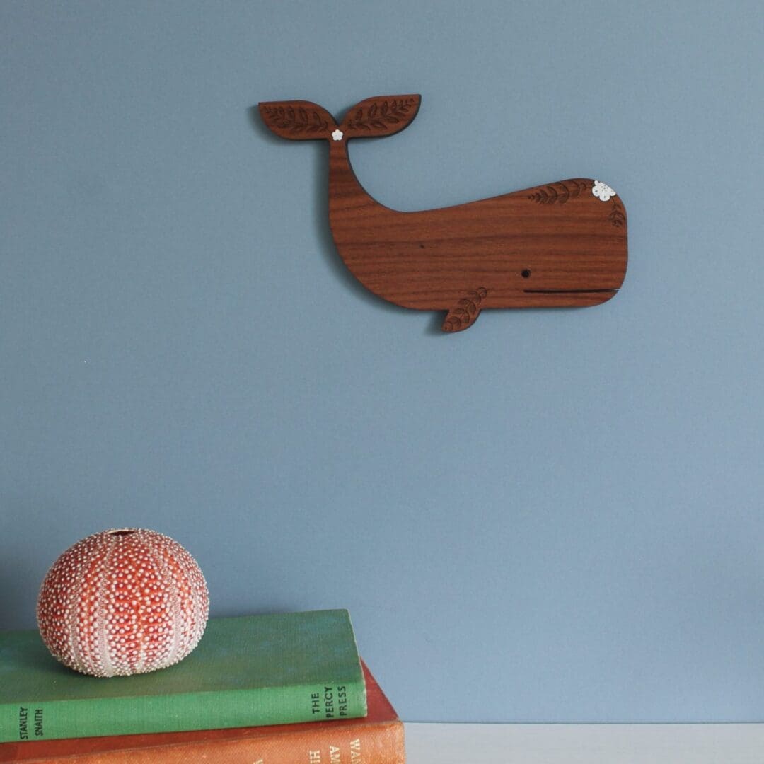 Walnut Whale Wall Hanging with Floral Detail - Image 2