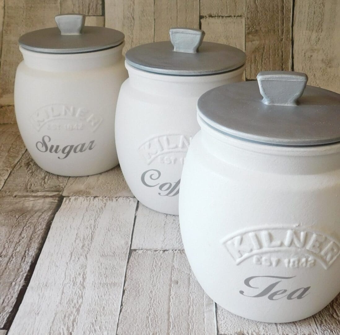 White Kitchen Canisters, Tea Coffee Sugar Jars Silver or White Lid - Image 7