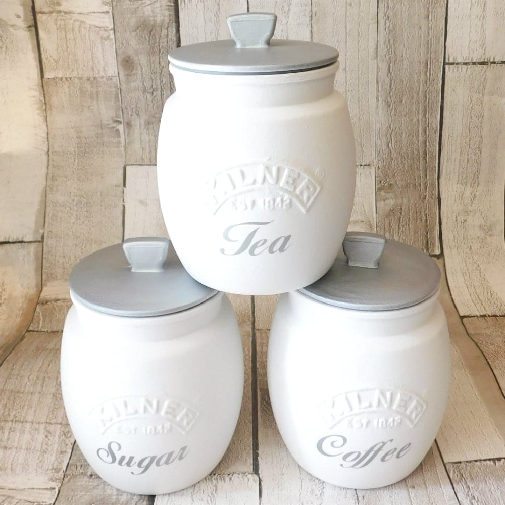 White Kitchen Canisters, Tea Coffee Sugar Jars Silver or White Lid - Image 3