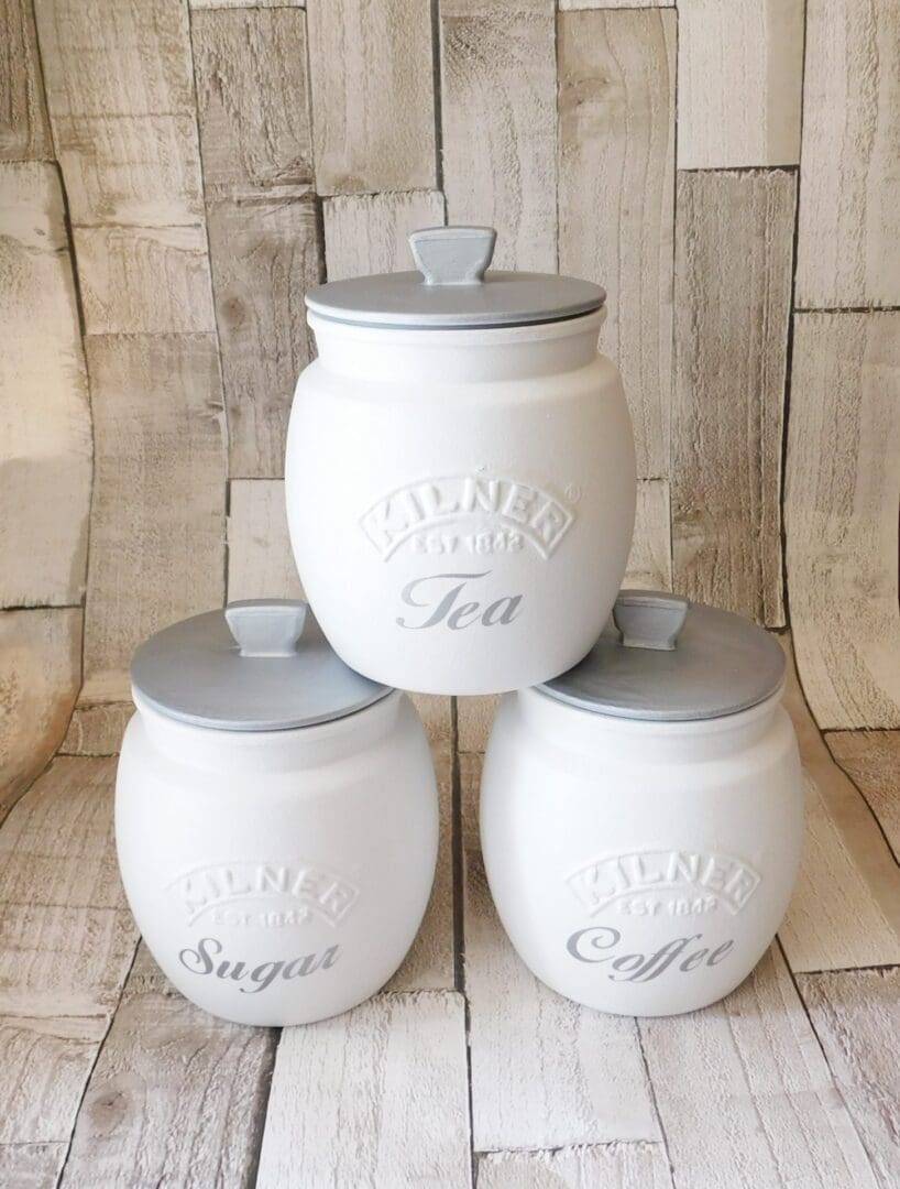 White Kitchen Canisters, Tea Coffee Sugar Jars Silver or White Lid - Image 6
