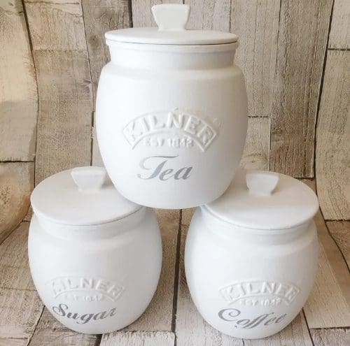 White Kitchen Canisters, Tea Coffee Sugar Jars Silver or White Lid - Image 5