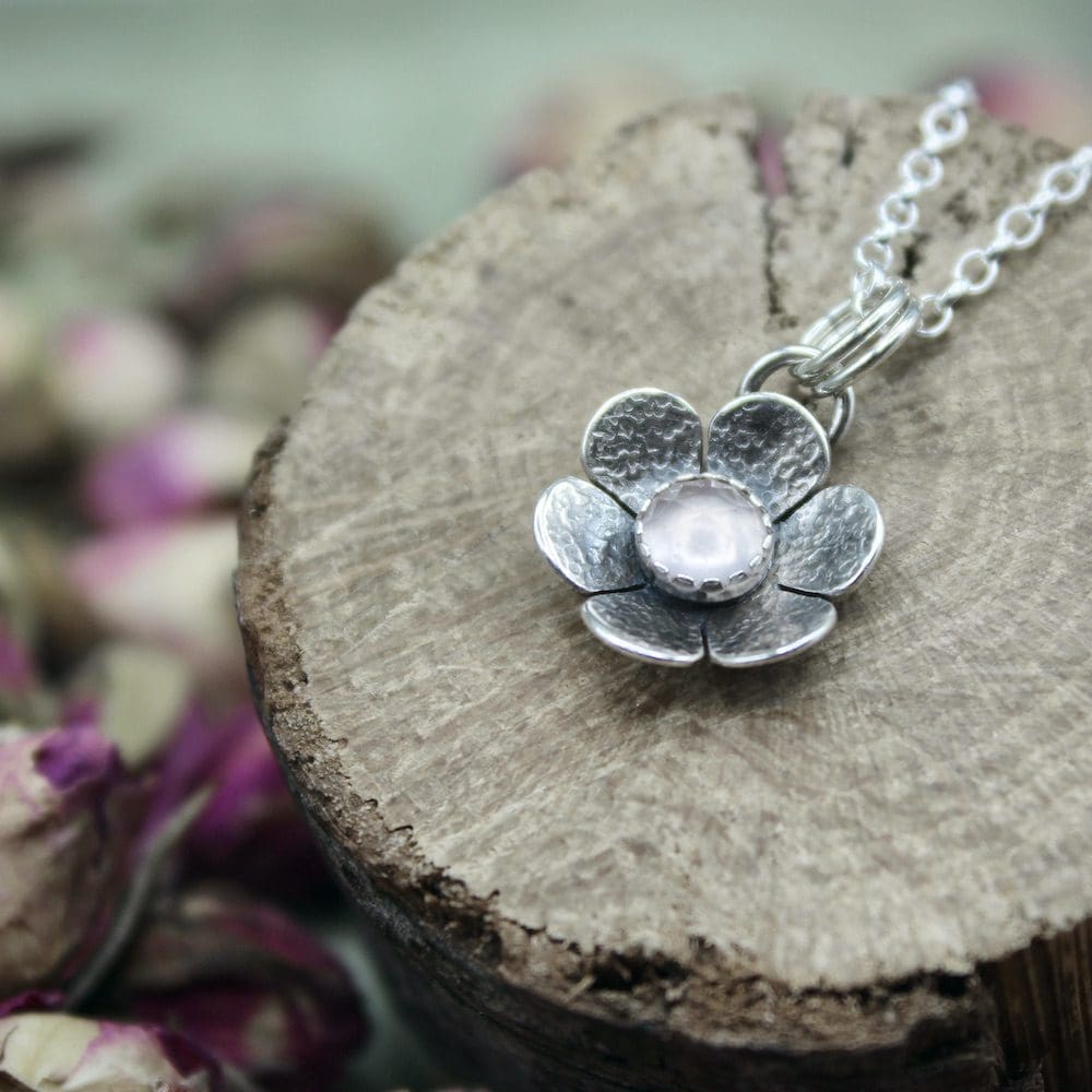 willow and twigg Sterling Silver and Rose Quartz Flower Pendant necklace
