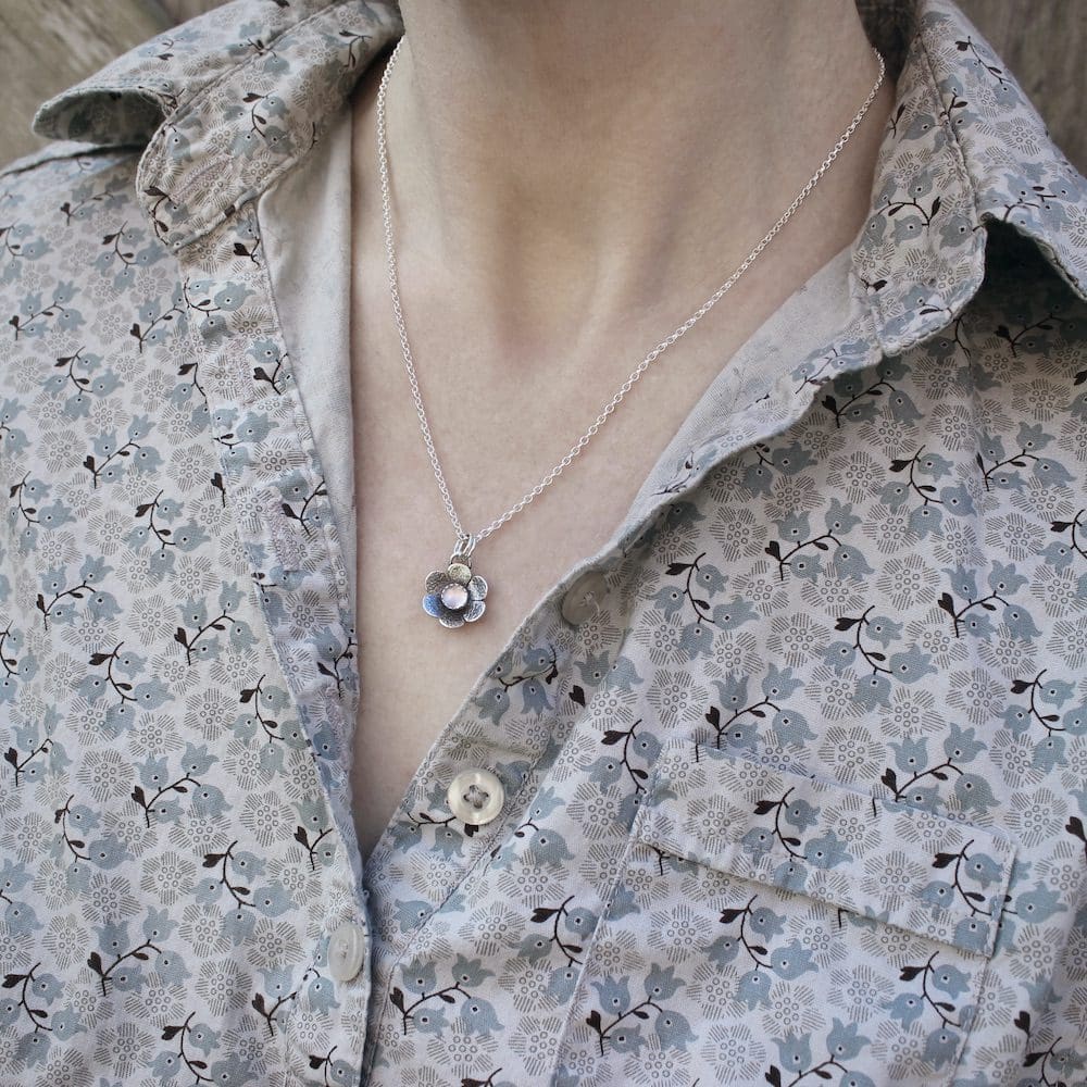 willow and twigg Sterling Silver and Rose Quartz Flower Pendant necklace