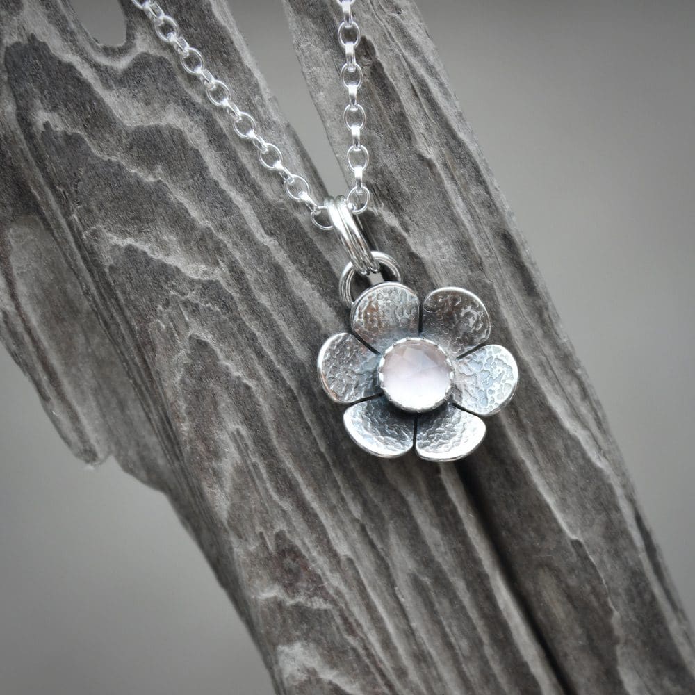 willow and twigg Sterling Silver and Rose Quartz Flower Pendant necklace
