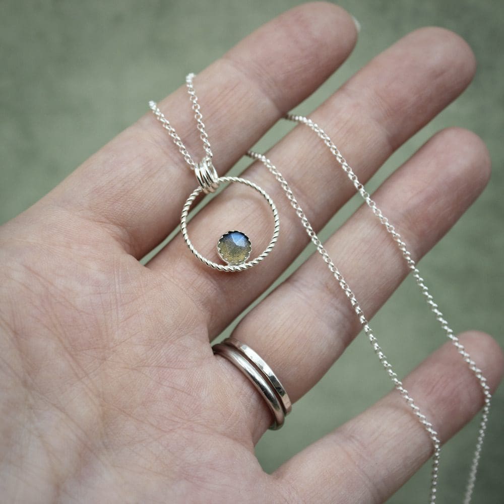 willow and twigg Twisted Silver Circle and Labradorite Pendant Necklace