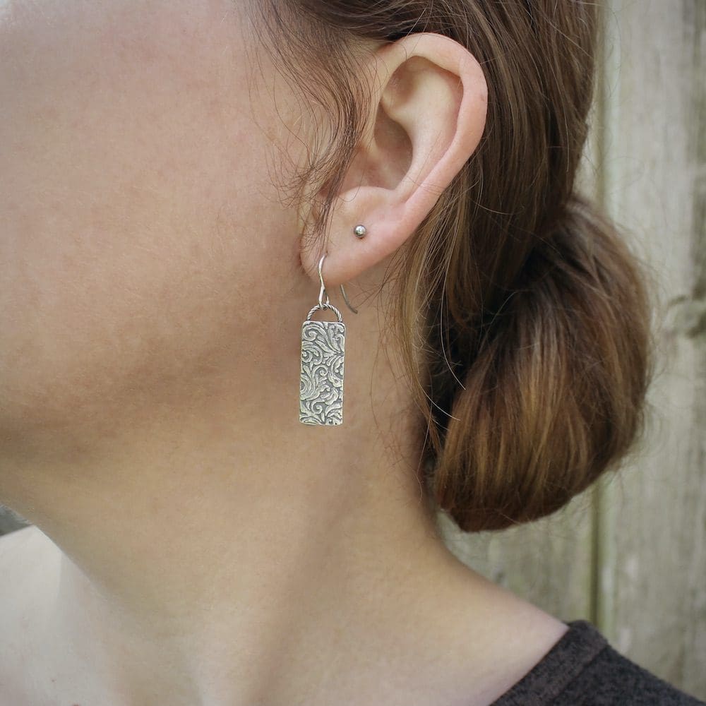 willow and twigg sterling silver rectangular scroll pattern drop earrings