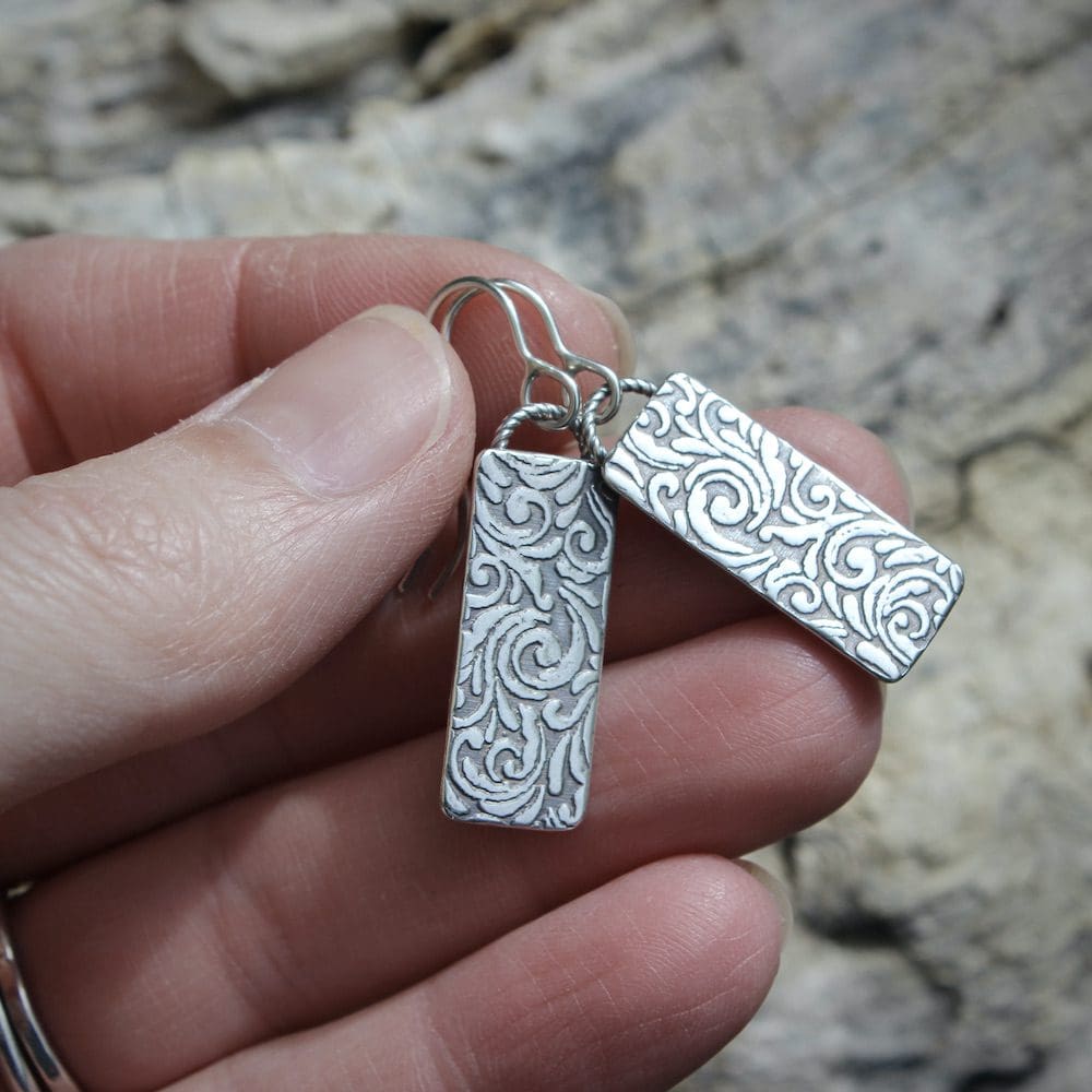 willow and twigg sterling silver rectangular scroll pattern drop earrings