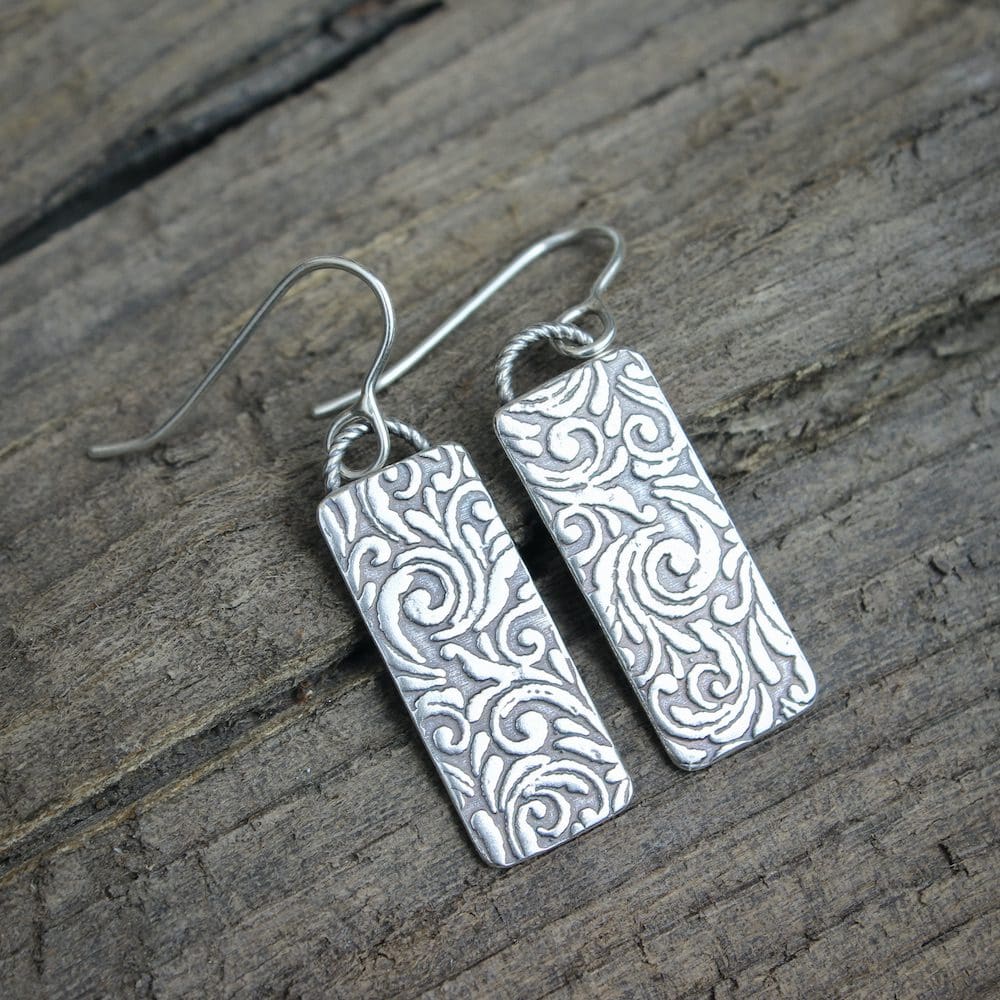 willow and twigg sterling silver rectangular scroll pattern drop earrings