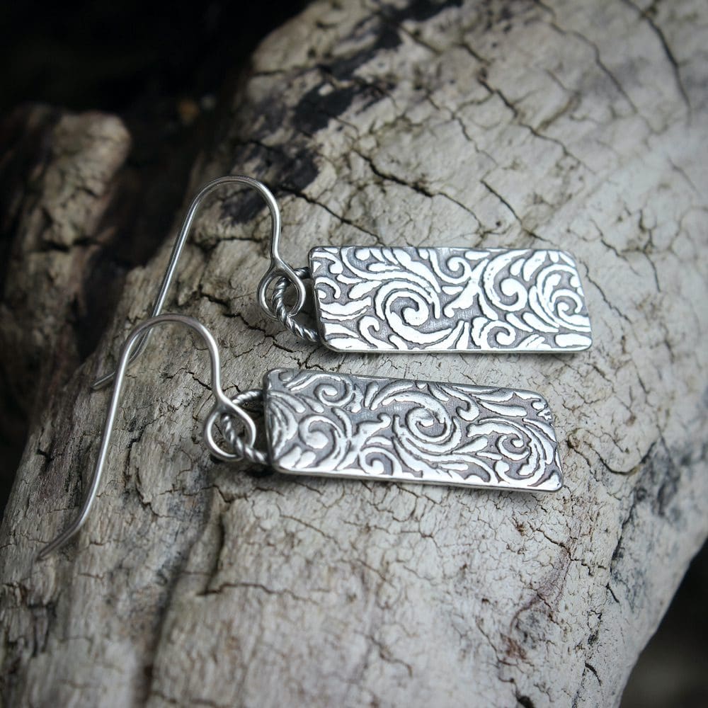 willow and twigg sterling silver rectangular scroll pattern drop earrings