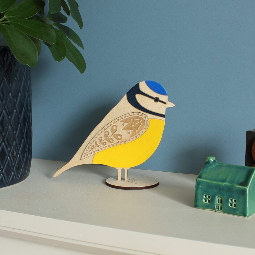 Standing Wooden Blue Tit Decoration - Etched and Hand Painted - Image 4