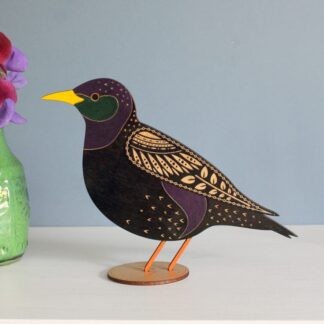 Standing Wooden Starling Decoration - Etched and Hand Painted