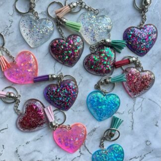 Sparkly resin heart keyrings/bag charms