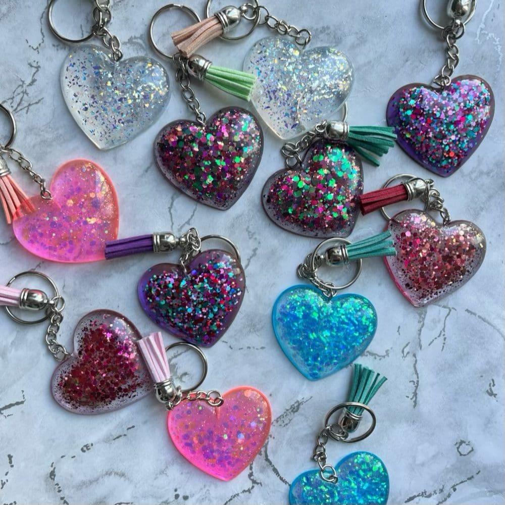 Sparkly resin heart keyrings/bag charms