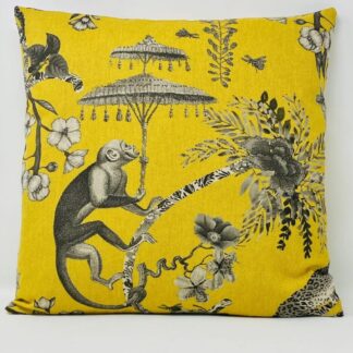 Mustard and Grey Monkey Cushion Cover. Jungle Botanical Cushion Cover.