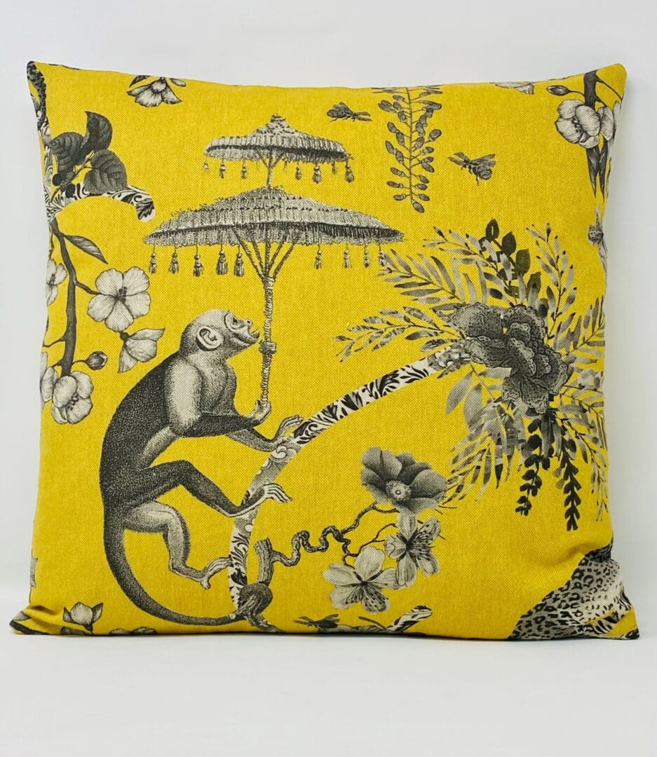 Mustard and Grey Monkey Cushion Cover. Jungle Botanical Cushion Cover.
