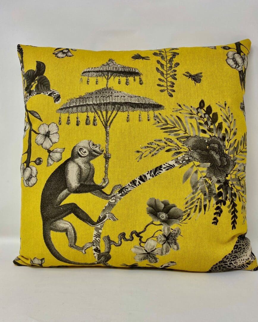Mustard and Grey Monkey Cushion Cover. Jungle Botanical Cushion Cover. - Image 2