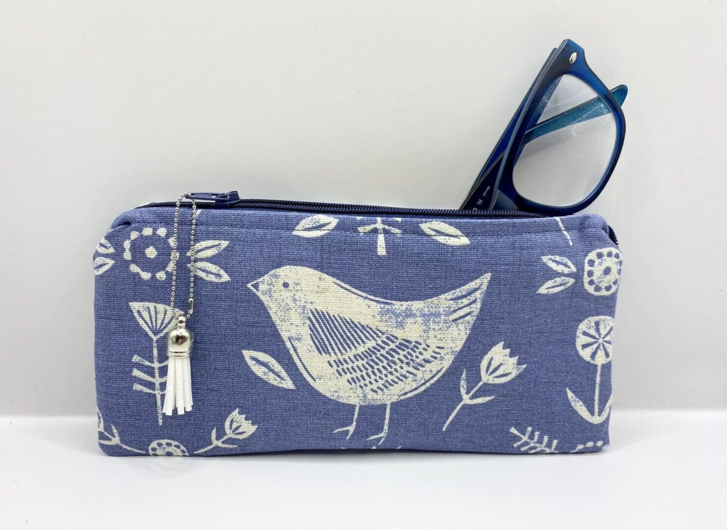 Padded and Zipped Scandi Bird Glasses Case. Blue and White Sunglasses Case