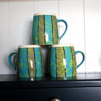 Hand Thrown Mug - 300ml decorated handmade ceramic clay pottery china cup for tea, coffee, hot chocolate etc... Blue, Green & Grey