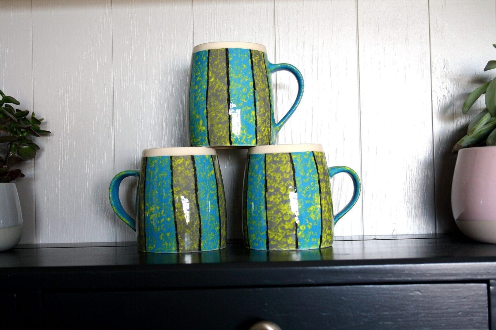 Hand Thrown Mug - 300ml decorated handmade ceramic clay pottery china cup for tea, coffee, hot chocolate etc... Blue, Green & Grey
