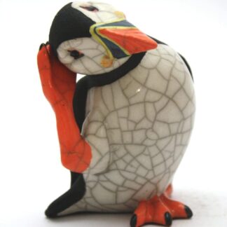 Puffin Scratching - Raku ceramic pottery seabird coastal wildlife