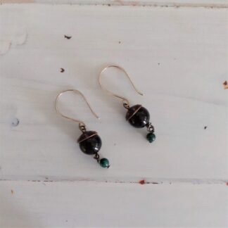 Recycled copper drop earrings with Obsidian and Malachite beads