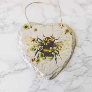 Bumble Bee and Flowers Slate Heart