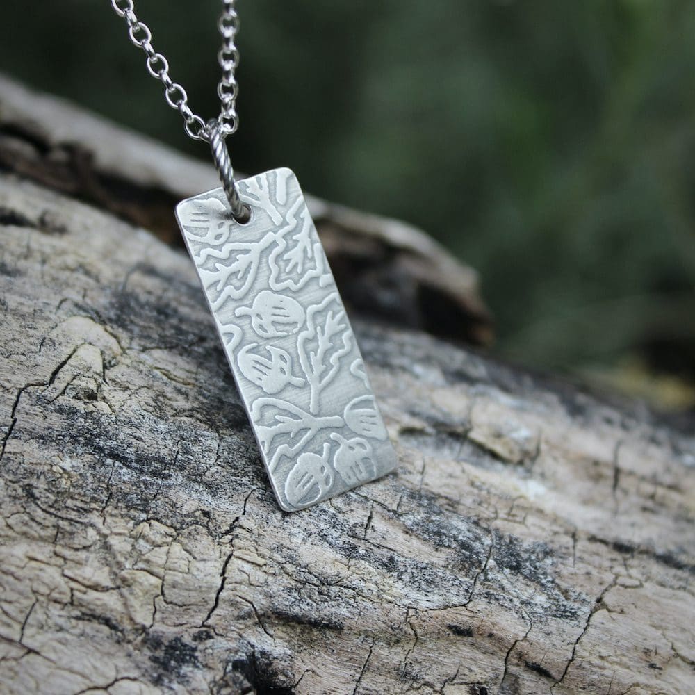 willow and twigg silver oak leaf and acorn pattern rectangular necklace
