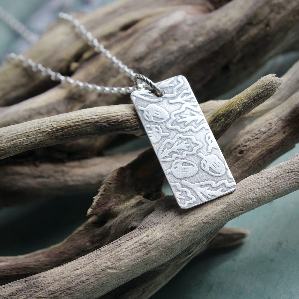willow and twigg silver oak leaf and acorn pattern rectangular necklace
