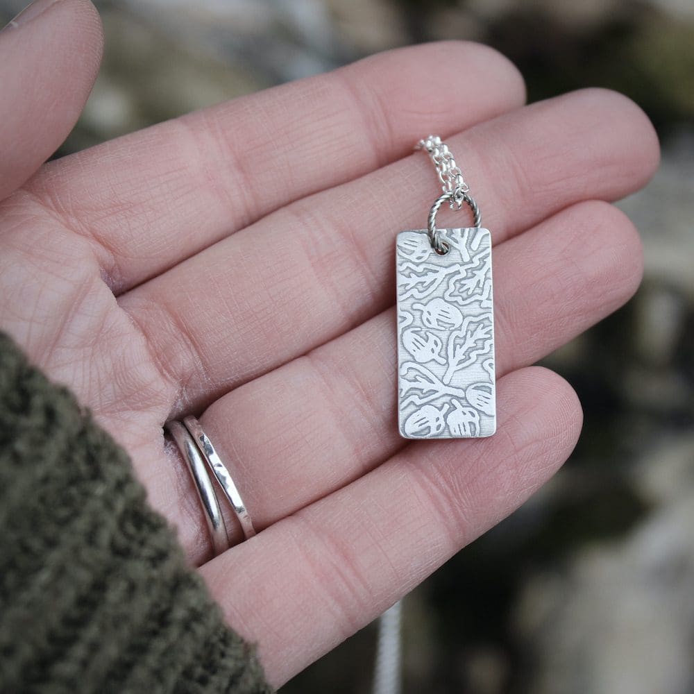 willow and twigg silver oak leaf and acorn pattern rectangular necklace