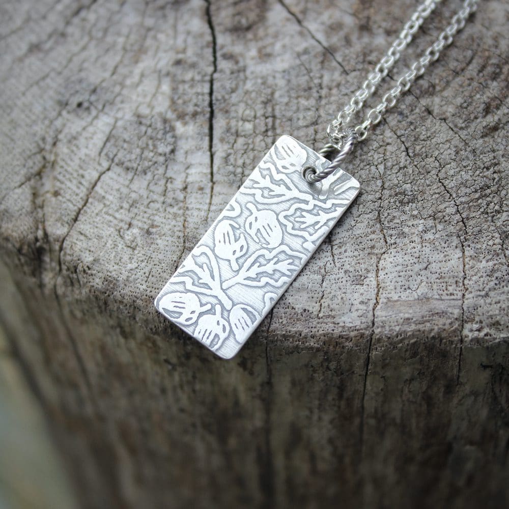 willow and twigg silver oak leaf and acorn pattern rectangular necklace