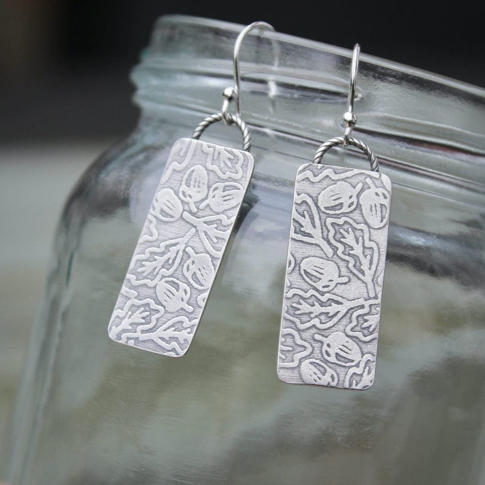 willow and twigg silver oak leaf pattern rectangular drop earrings