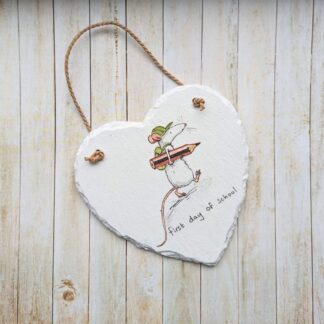 First day of school hanging slate heart, painted white and decoupaged with a school mouse and the words first day of school. Finished with a natural twine hanger. Can be personalised