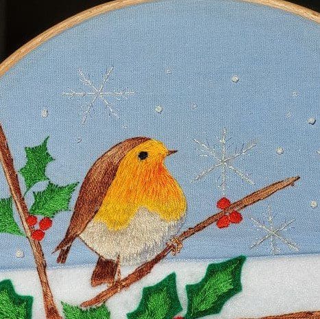 Robin, snowflake and holly, hand embroidered 8 inch hoop, Christmas wall decoration. - Image 4