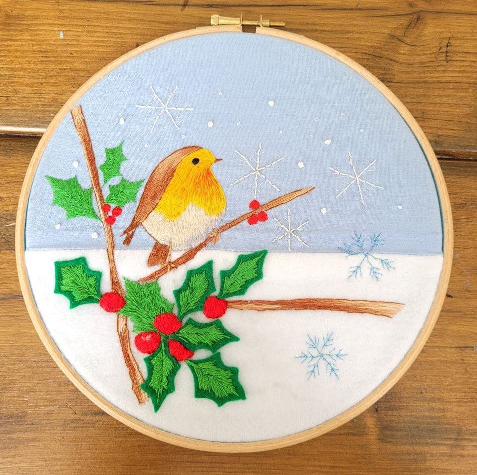 Robin, snowflake and holly, hand embroidered 8 inch hoop, Christmas wall decoration. - Image 3