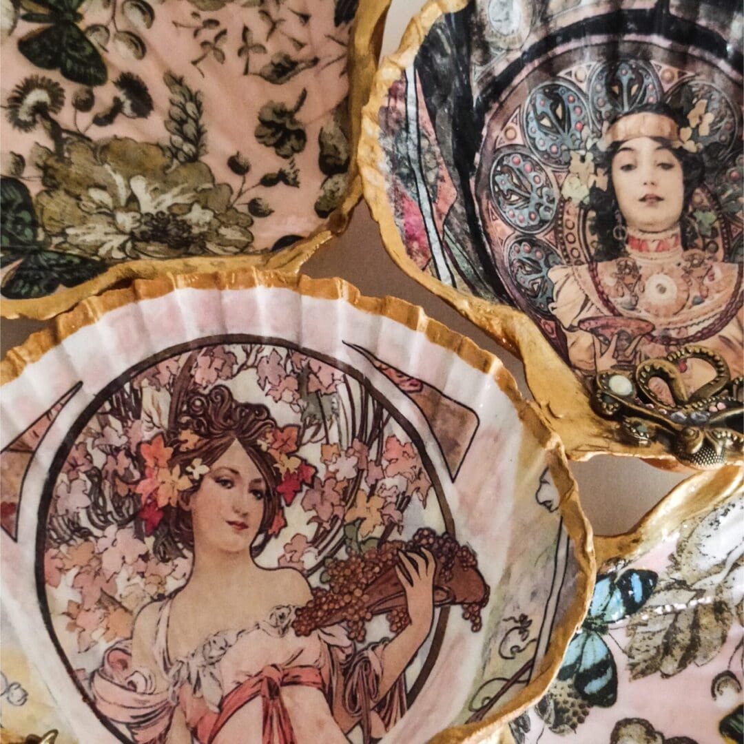 Art Nouveau Style Mucha Decoupaged and Gilded Handcrafted Scallop Shell Trinket Dishes - Image 6