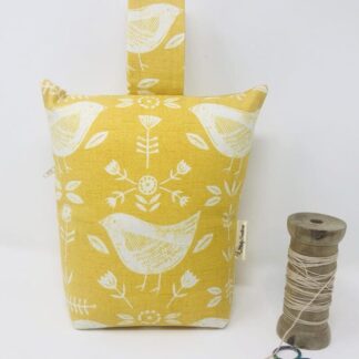 Mustard Scandi Bird Fabric Doorstop, Yellow Scandi Washable and Refillable Door Stop