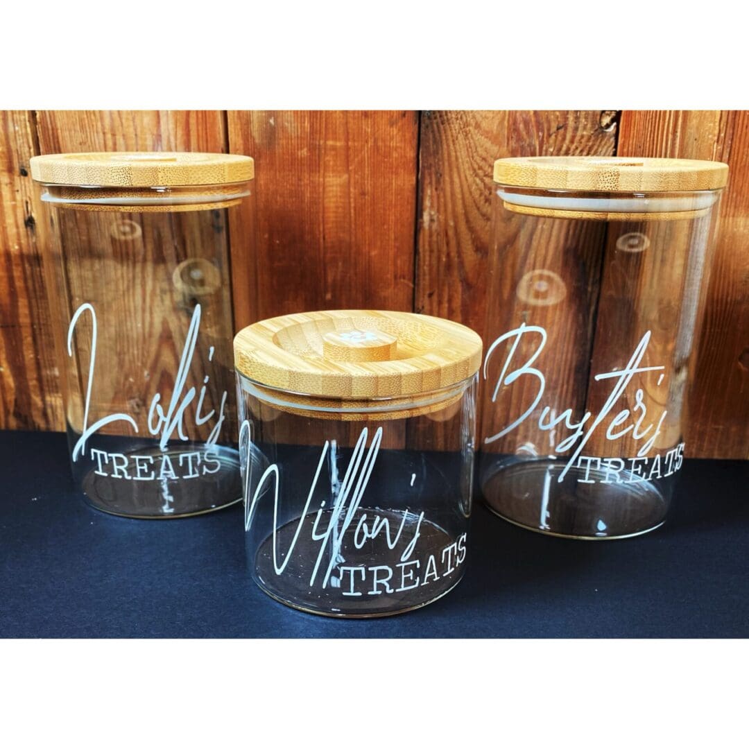 Personalised Pet Treat Glass Storage Jar Canister Wooden Lid Airtight Dog Cat