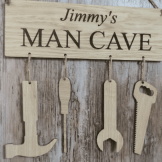 Personalised wooden oak garden man cave sign with tools engraved fathers Day gift