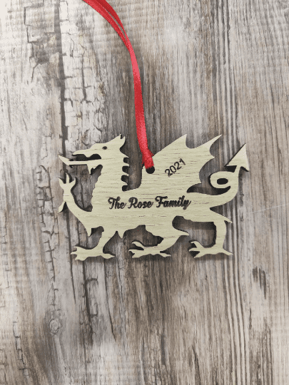 Welsh Cymru Wales Dragon wooden Christmas tree decoration personalised engraved xmas bauble
