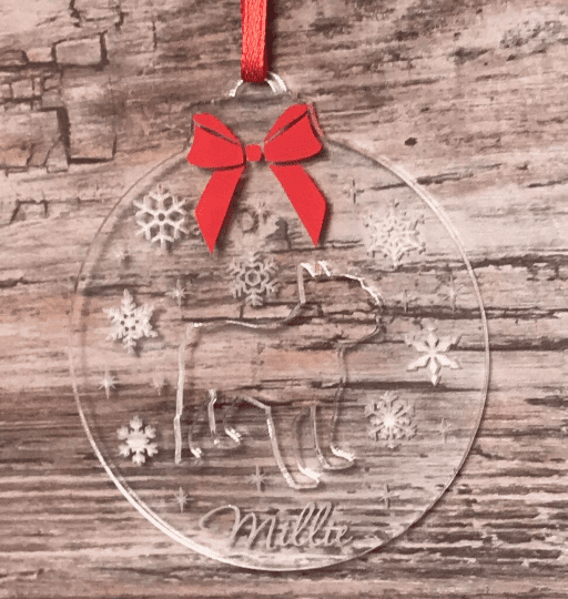 French bulldog pet dog Christmas personalised engraved clear xmas bauble