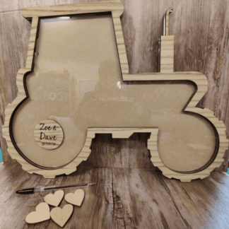 Personalised oak tractor shaped guest book drop box wooden hearts rustic vintage wedding