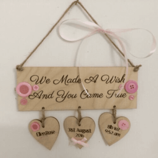New Baby girl gift personalised name wooden heart plaque sign shabby chic gift