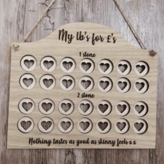 Personalised oak wooden Weight loss motivational chart - any name - any quote - 1-10 stone slimming start diet my lbs