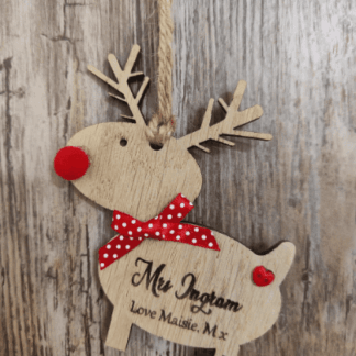 Personalised oak wood reindeer rudoplh christmas tree xmas decoration gift