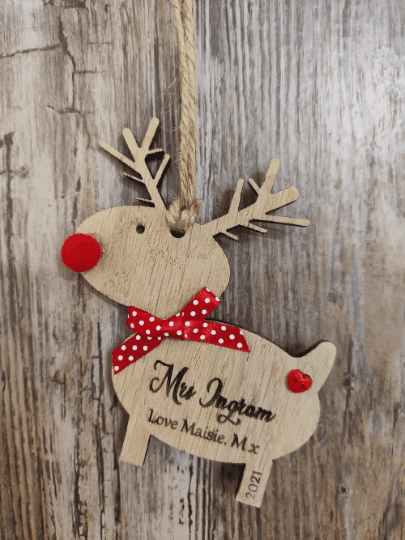 Personalised oak wood reindeer rudoplh christmas tree xmas decoration gift