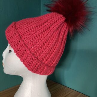Pink Ribbed Beanie Hat with a Detachable Faux Pom Pom
