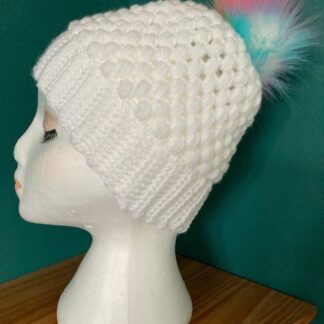 Crochet White Beanie Hat with Detachable Rainbow Pom Pom